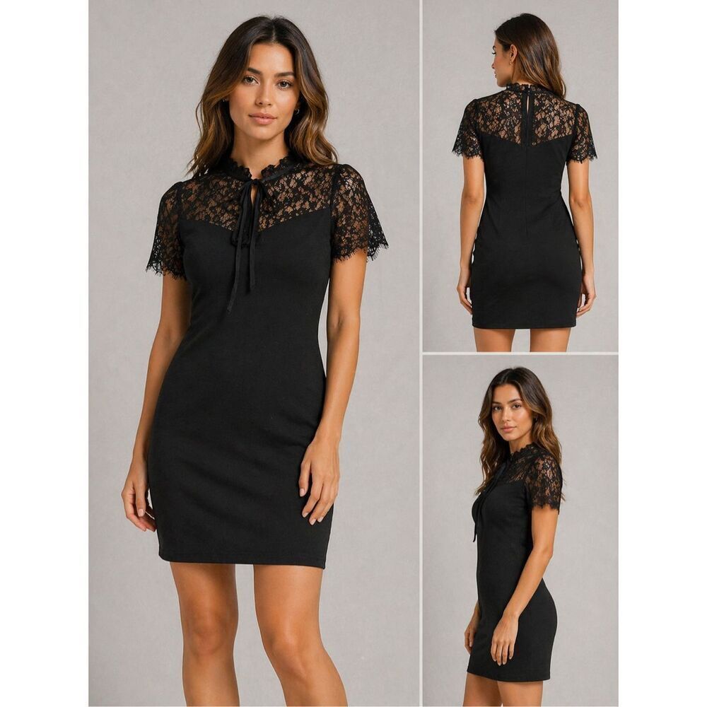 Amisu Black Lace Mini Evening Dress  Romantic Gothic Style Size 12 Elegant Boho